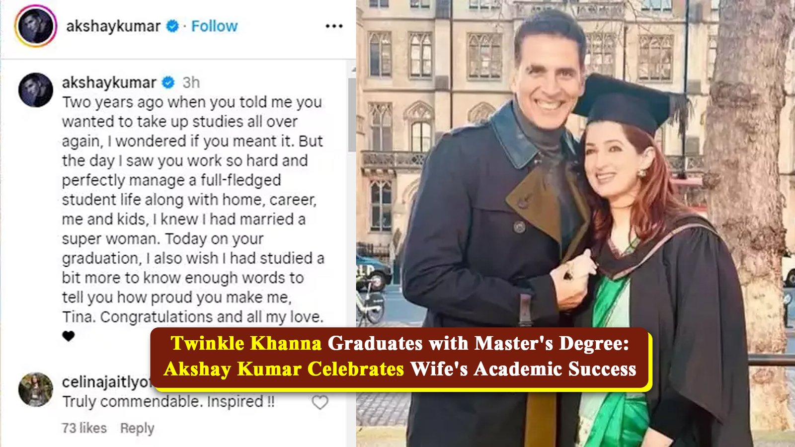 Akshay Kumar Celebrates Wife’s Academic Success: Twinkle Khanna Graduates with Master’s Degree